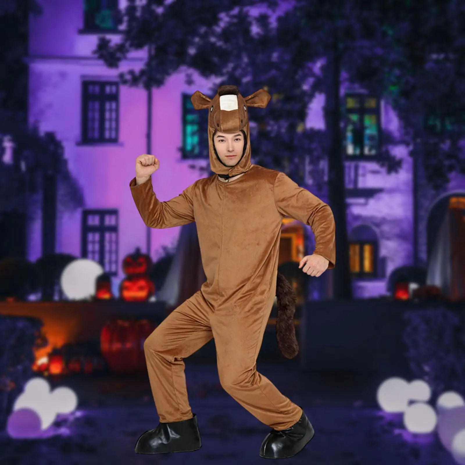 

Костюм взрослого лошади: нарядный костюм животного с головным убором, комбинезоном и накладками на ноги для праздников