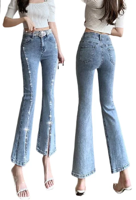 Women Jeans Sweet High Waist Split Denim Pants Lace Ruffle Elegant Chic Beading Bowknot Boot Cut Pants Girls Fairy Jeans