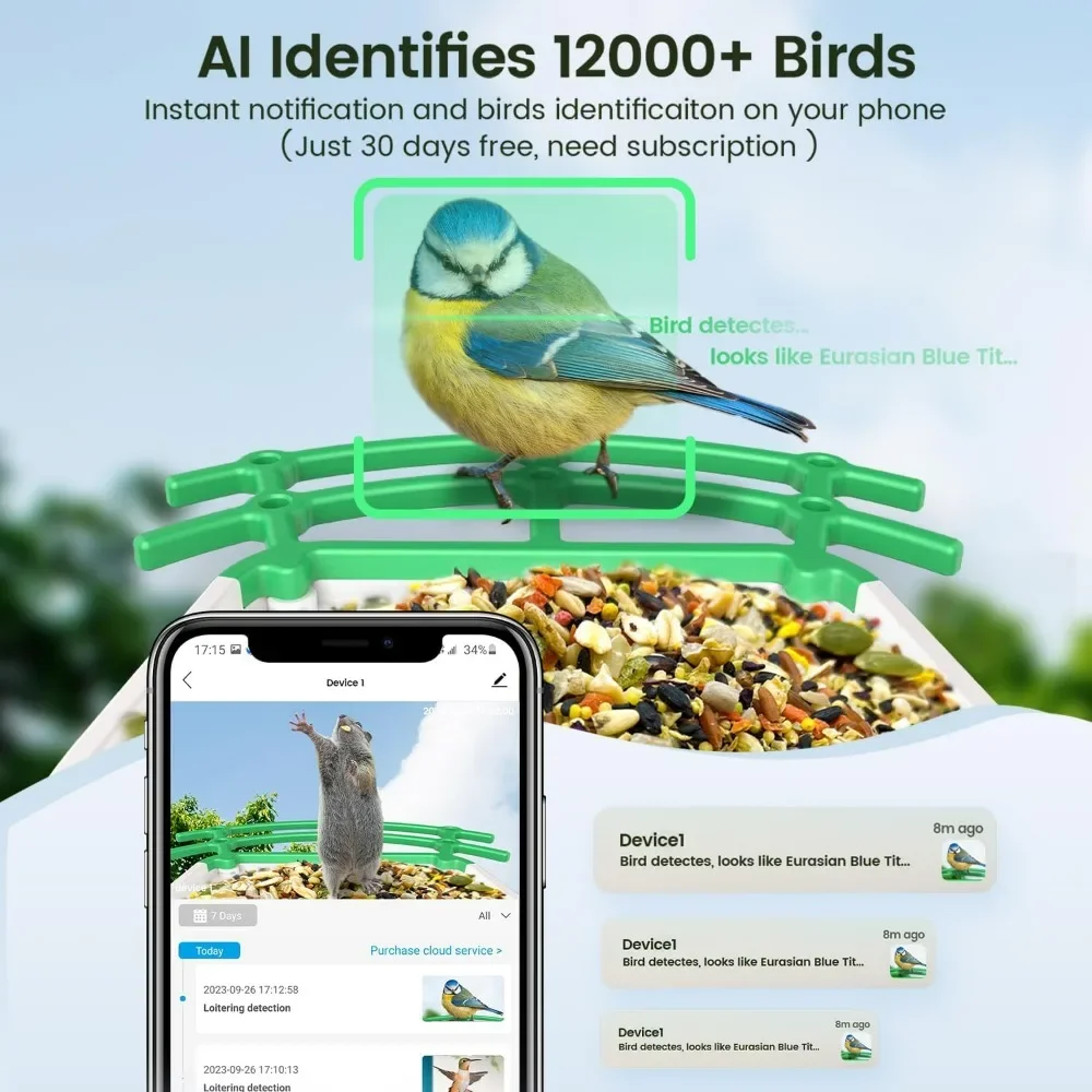 Smart Bird Feeder with Camera, AI Identify 12,000+ Bird, 185°View Auto Detect & Notify, 2K Video & Night Vision Bird Watching