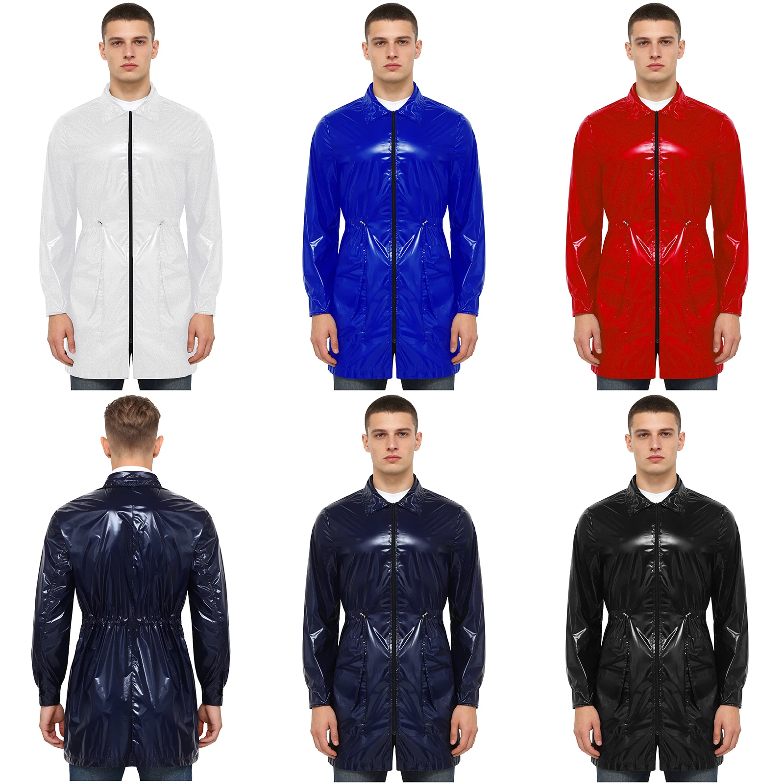

Mens Wet Look Waterproof Rain Jacket Lapel Long Sleeve Adjustable Waist Front Zip-up Long Coat with Pockets for Work Cosplay