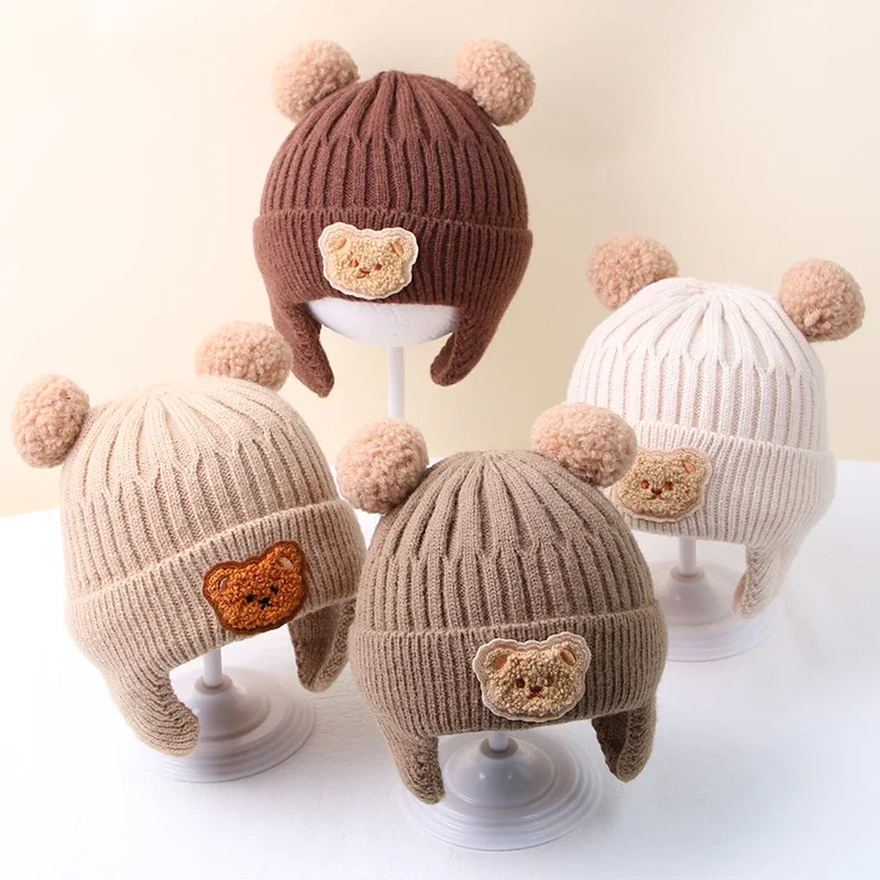 Winter Baby Beanie Cap Cartoon Bear Ear Protection Knitted Hat for Toddler Boys Girls Cute Korean Warm Kids Crochet Hats Gorros