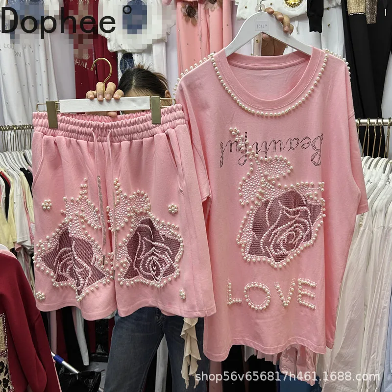 

Модный женский комплект из двух предметов на весну и лето, роскошные цветы, бриллианты, бусы, свободная футболка с короткими рукавами, топ + широкие шорты трапециевидной формы