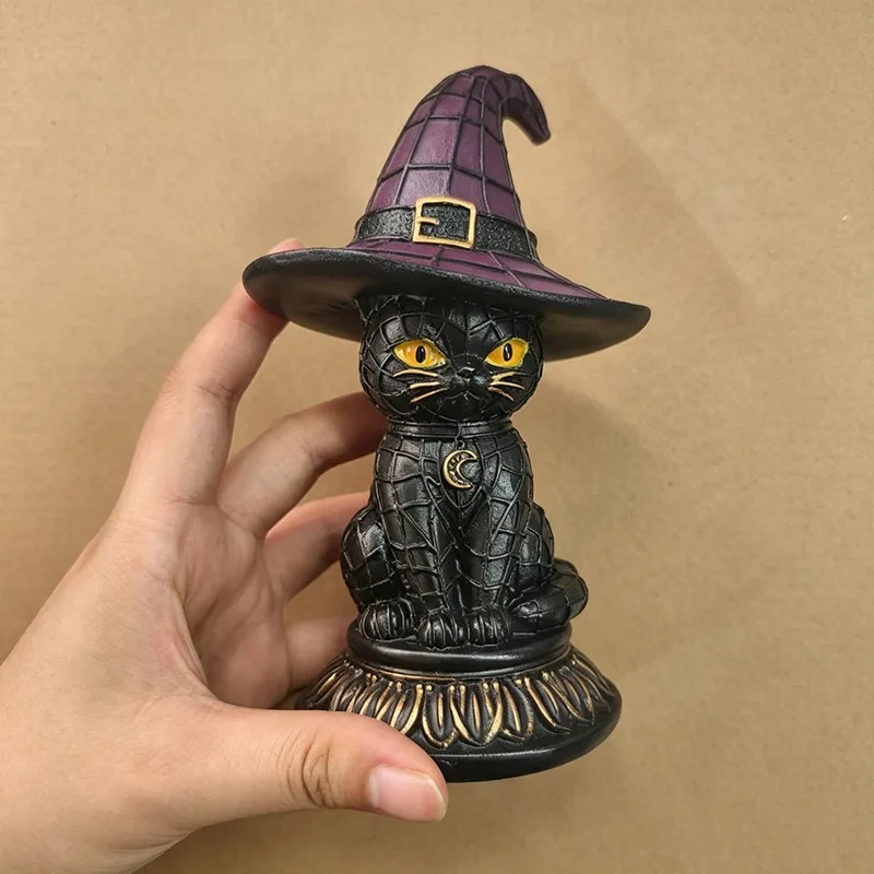 Halloween Witch Hat Cat LED Night Light USB Rechargeable Resin Table Lamp Spooky Tabletop Home Party Decor