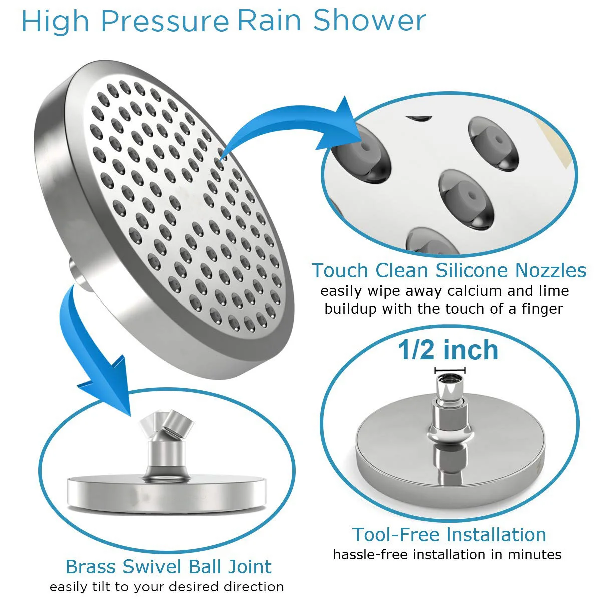 High Pressure Shower Head with Silicone Nozzles Large Water Outlet Spray Overhead Rainfall Shower head Bathroom Accessories