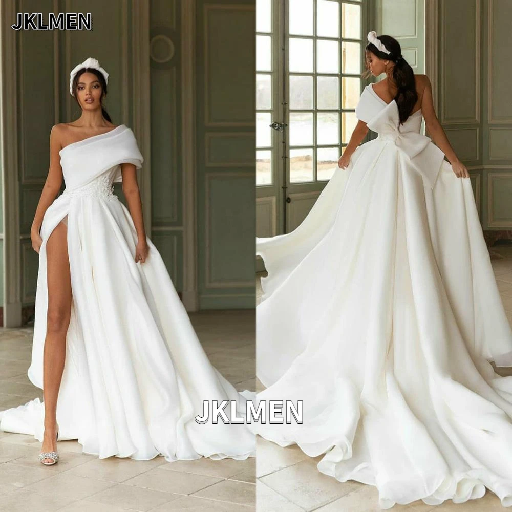 

Sexy One Shoulder Float Wedding Dresses Thigh High Slit Appliqued New Bridal Gowns with Big Bow Robe De Mariee