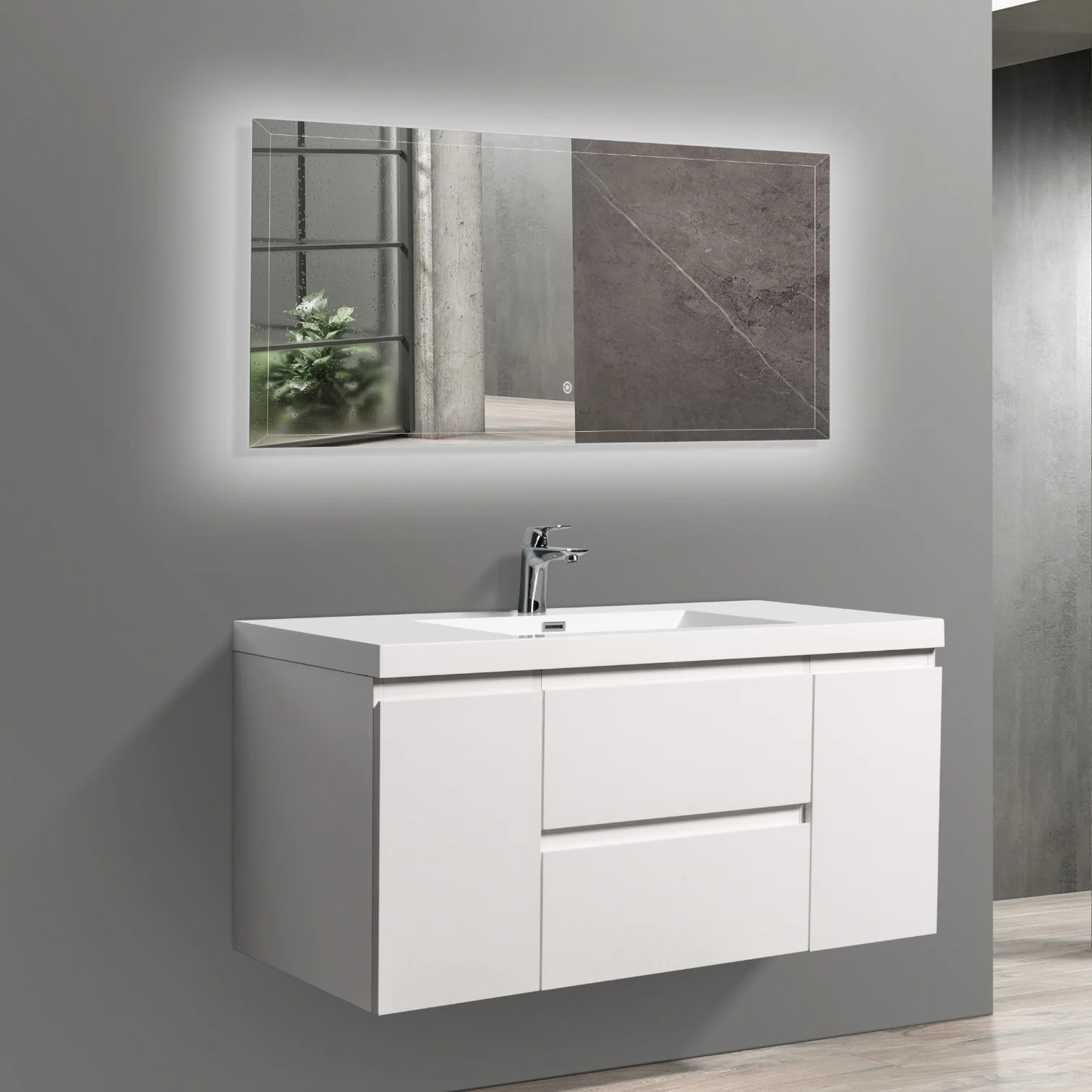 Contemporary 48 Inch Glossy White Floating Bathroom Cabinet | MDF Paint Finish