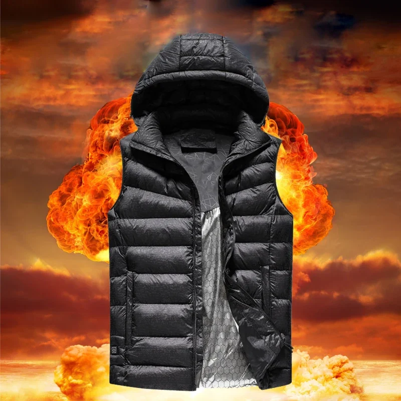 

New Mens Hooded Heated Sleeveless Vests Winter Smart Heating Warm Men's Outdoor Waistcoat Casual Zipper High Quality Men Vest