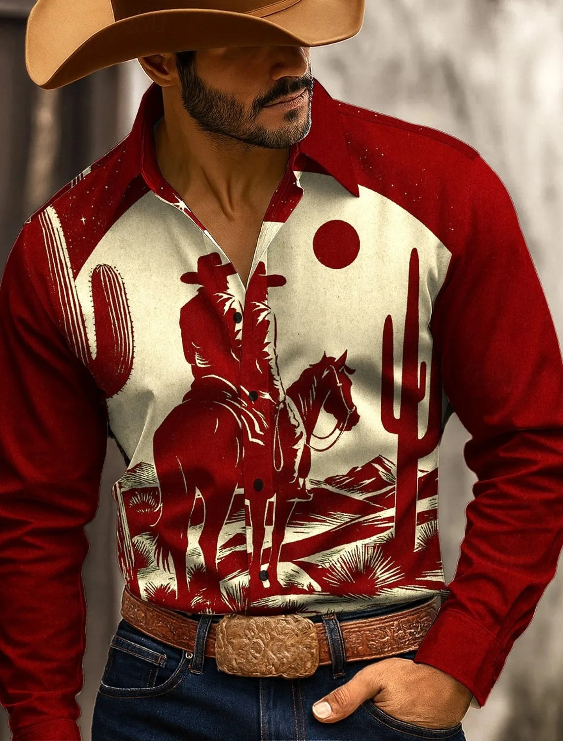 Men's fashionable Western denim style long sleeved shirt with distinctive pattern design. Long sleeved shirt suitable for men