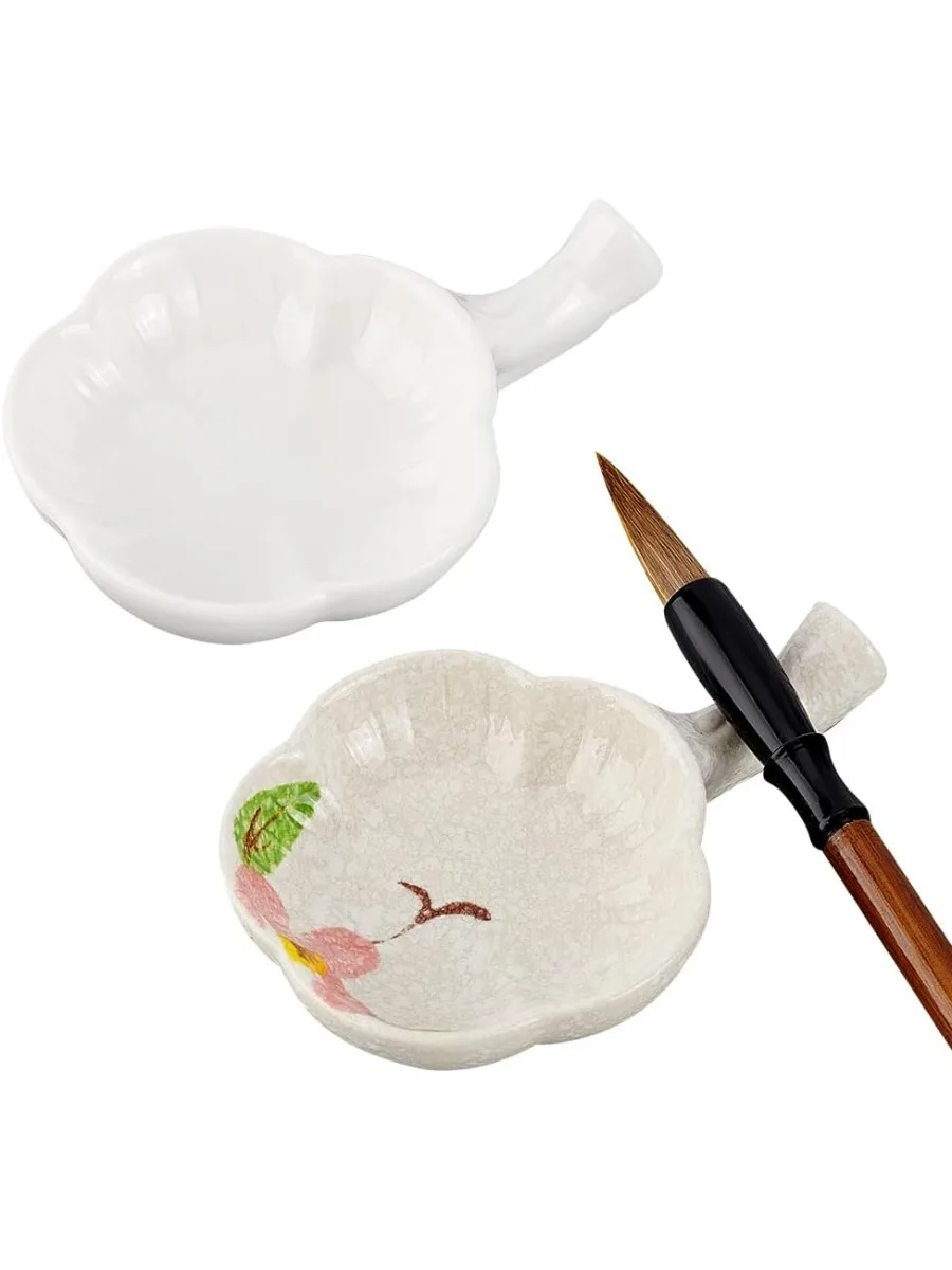 2pcs Ceramic Ink Plate Porcelain Ink Dish with Handle Chinese Calligraphy Painting Brush Holder Paint Pallets Sauce Dish Flower