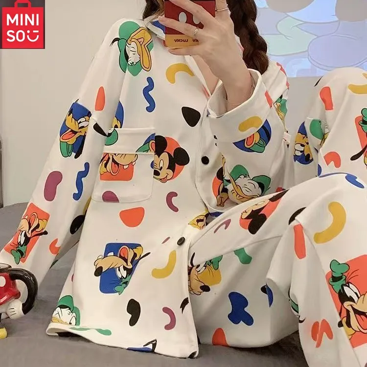 

MINISO пижамы женские весенне-осенние брюки с длинными рукавами, красивые девушки могут носить как домашний наряд из двух частей.