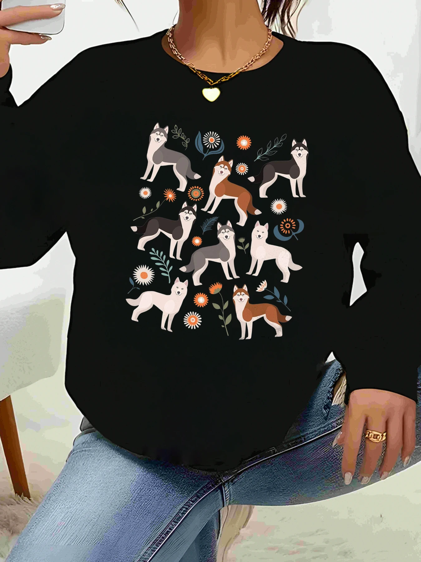 

Свитер с длинными рукавами и цветочным принтом собаки хаски, осенне-зимняя повседневная одежда, женская одежда