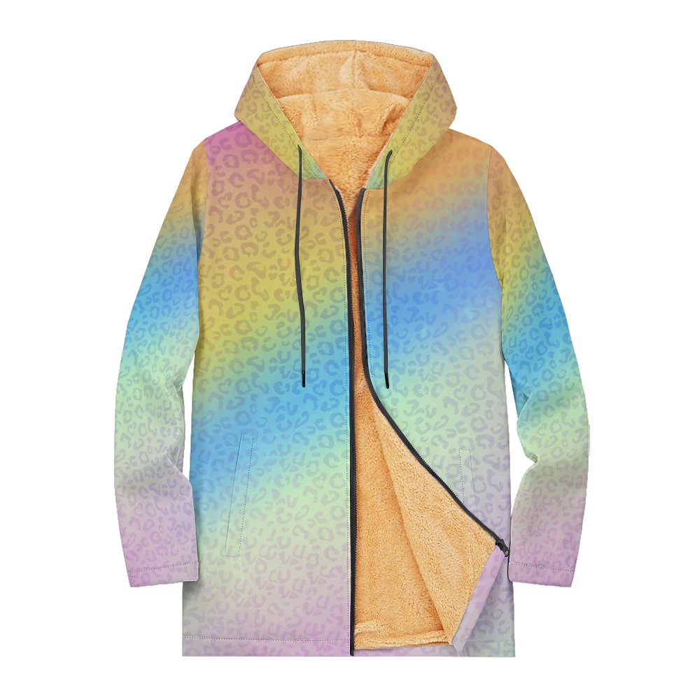 Trendsetting Multicolor Leopard Print Gradient Hooded Jacket with Plush Sherpa Lining Stylish Warm Zip-Up Coat for Daily Fashion