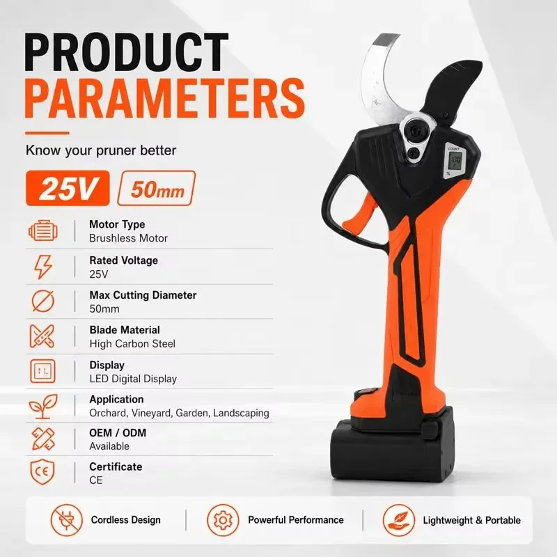 50mm Cordless Electric Pruning Shears Brushless Motor for Orchard Garden Rough Branch Cutting Heavy Duty Power Tool Brushless