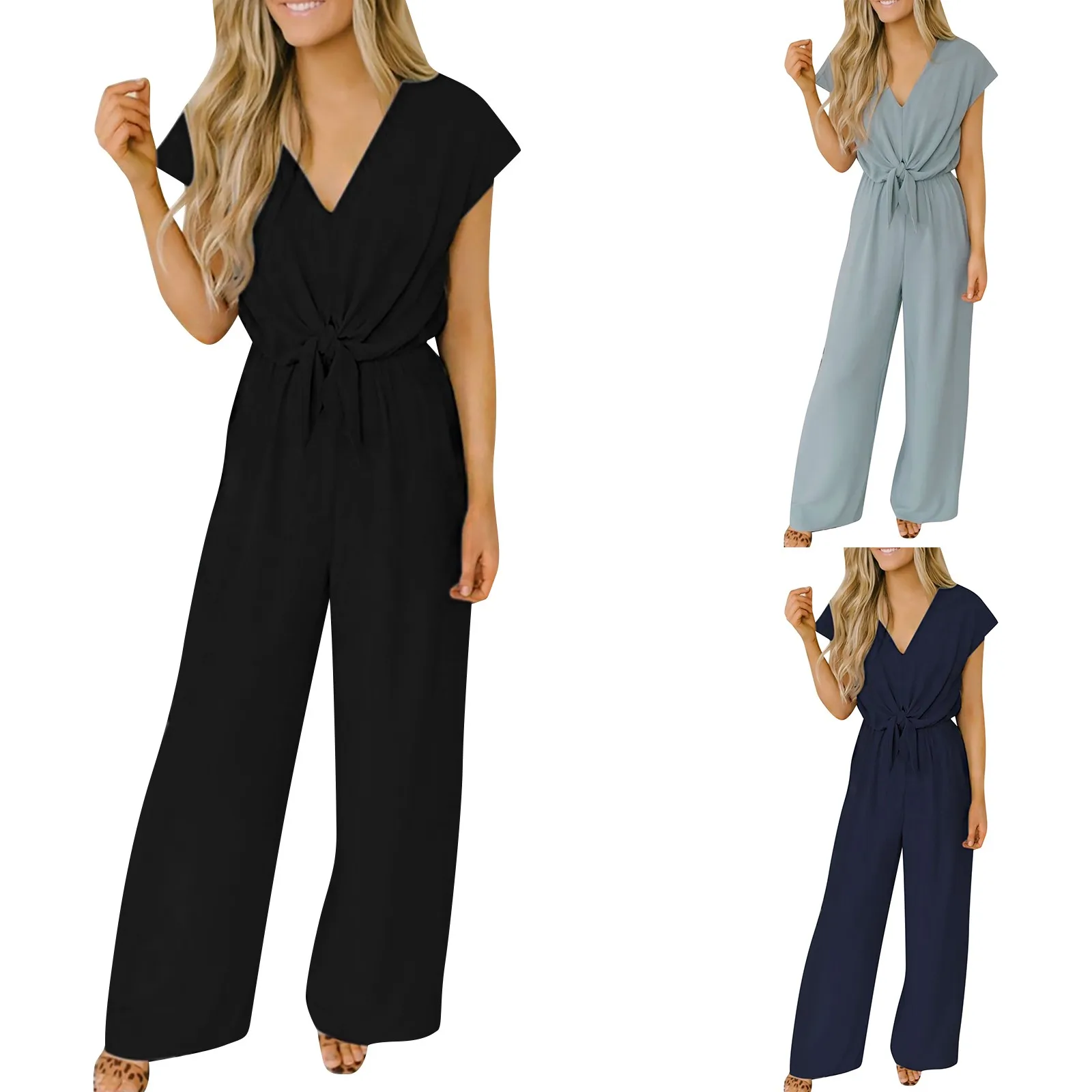 Women's Fashion V Neck Pants Wide Leg Pants High Waisted Slacks Strap Jumpsuit For Women