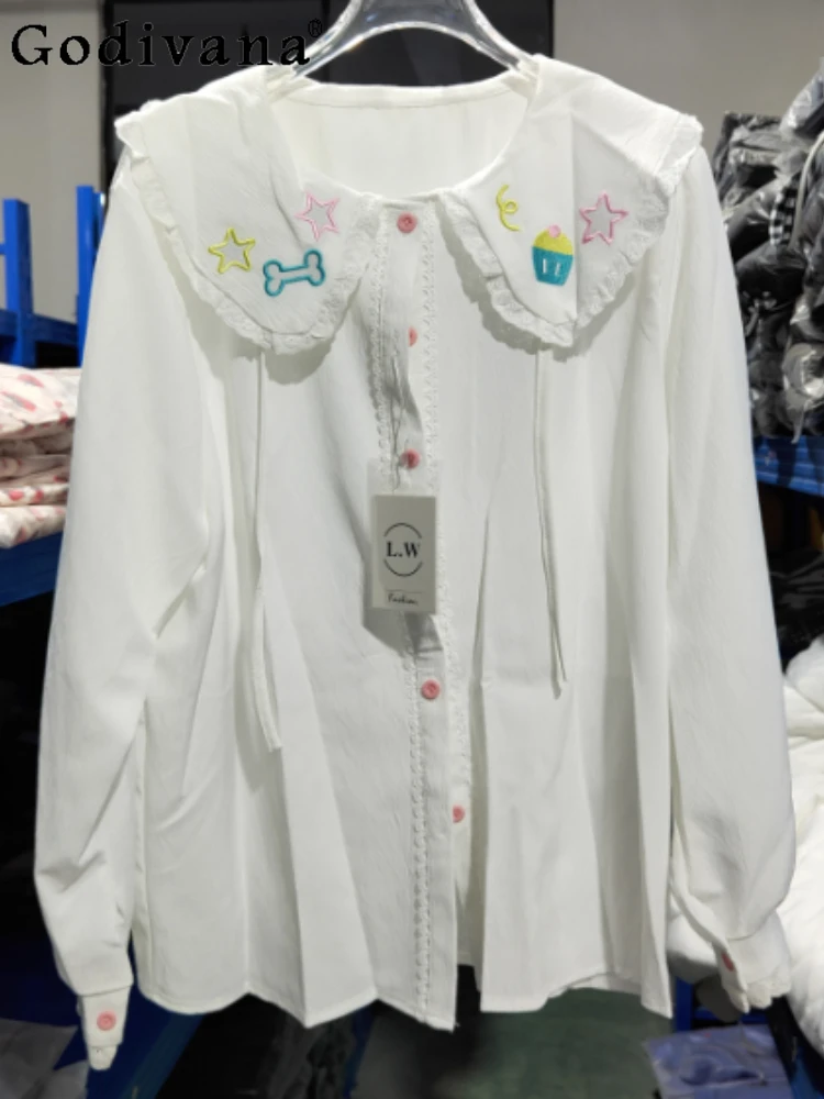 

Plus Size Spring Autumn Japanese Cartoon Peter Pan Collar Lolita Shirt Sweet Girl Embroidered Long Sleeve Bottoming Shirt Top