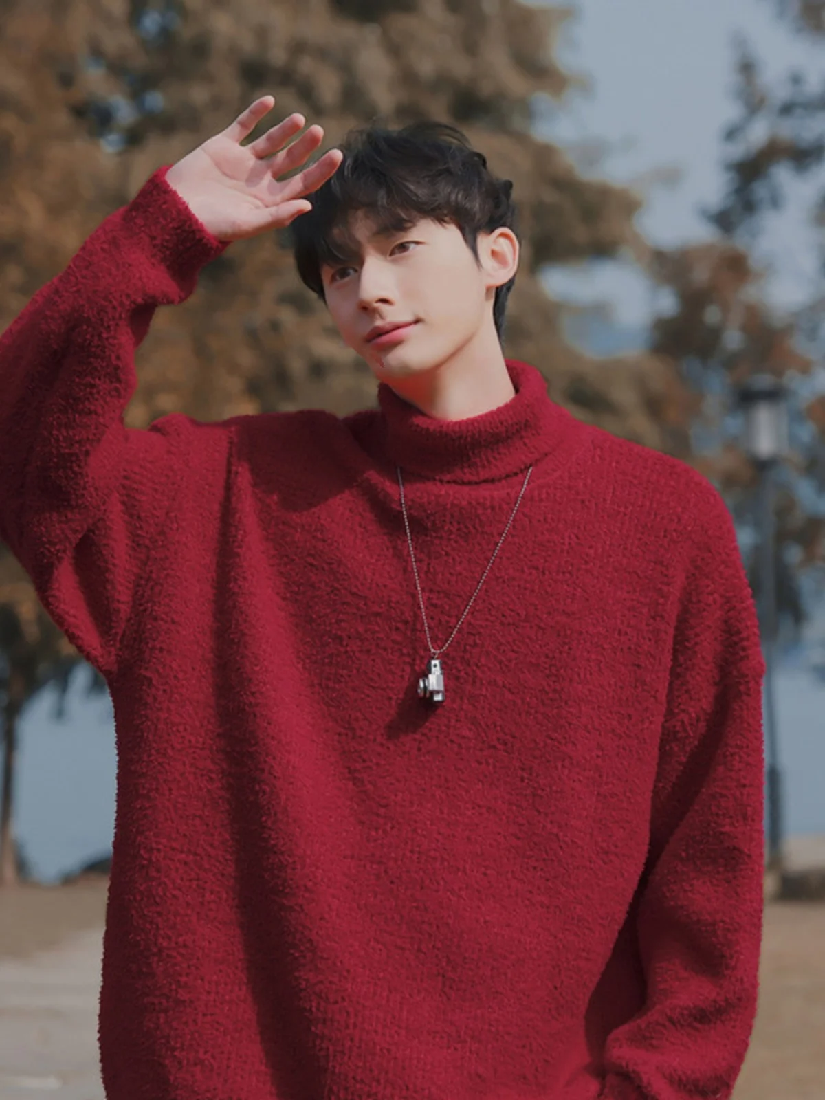 

Высококачественный красный мужской трикотаж High-Ne, свободный зимний модный брендовый теплый внутренний свитер, вязаный свитер Lazy Sle, удобный мягкий ...