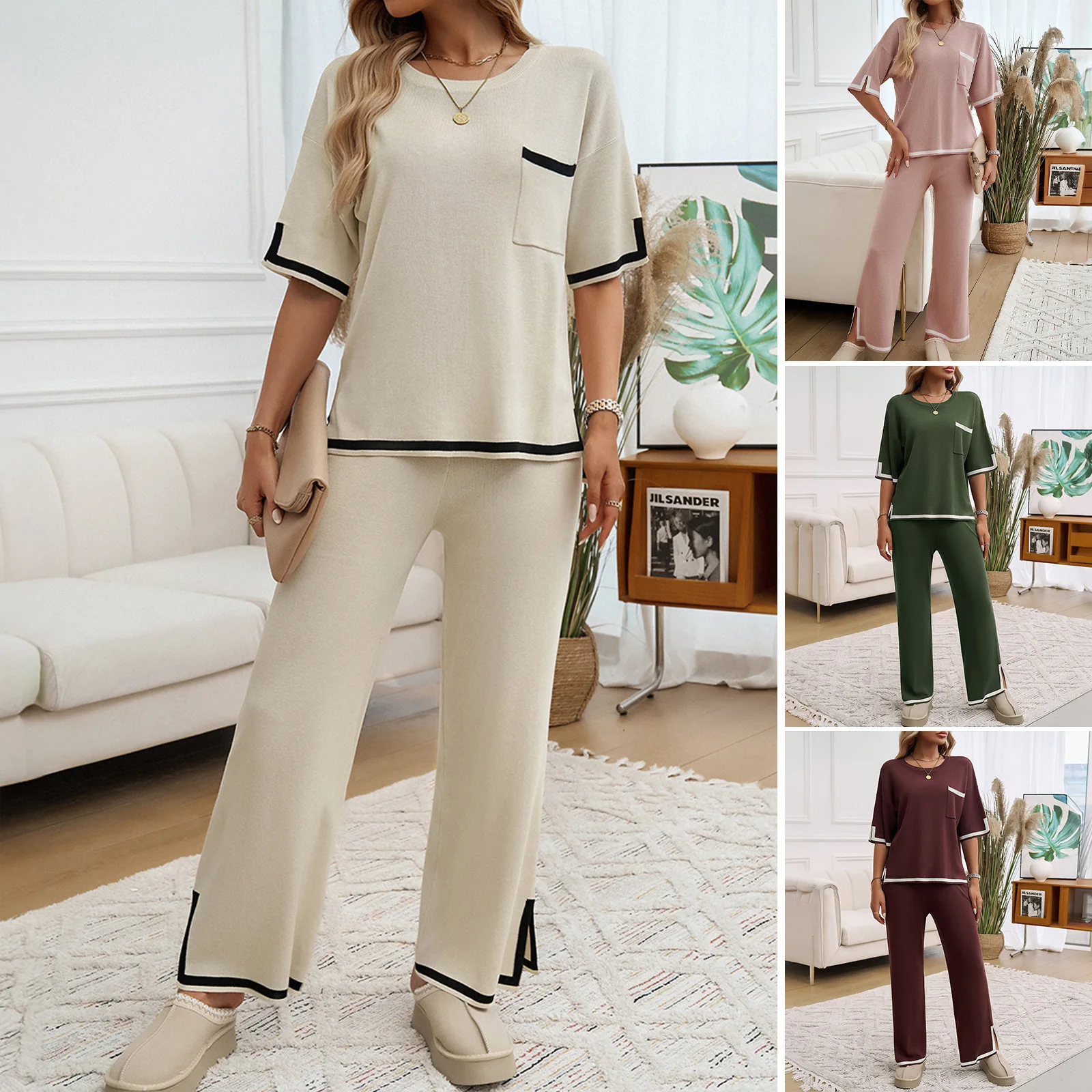 

Autumn And Winter Amazon Foreign Trade Women's Clothing Temperament Commuting Contrasting Color Short-sleeved Trousers Sweater