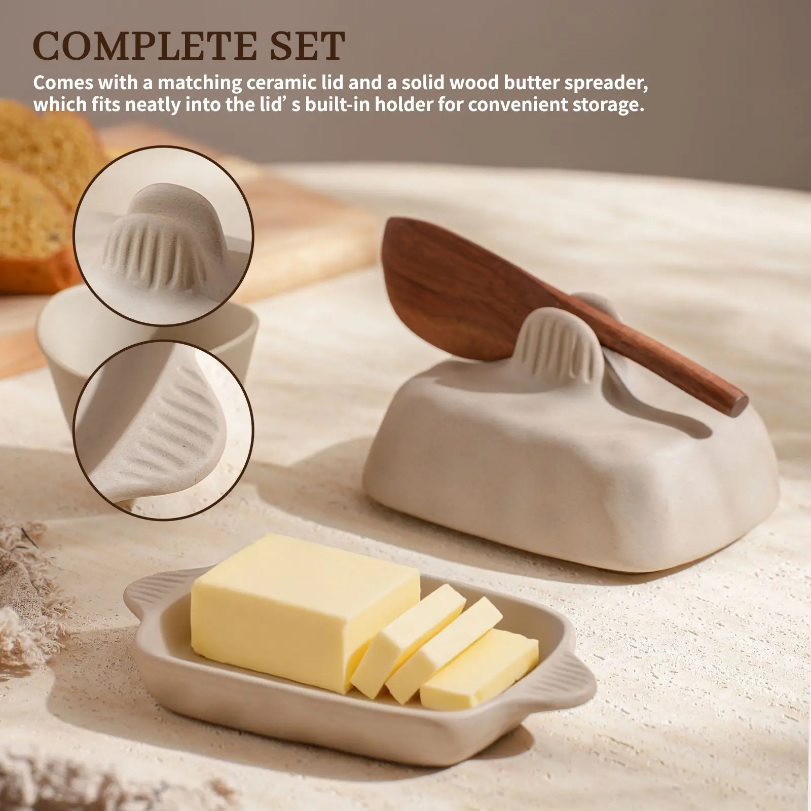 Rough‑ceramic creative hand‑pinched textured butter container with lid for kitchen, rectangular ceramic butter dish 2 sets 3