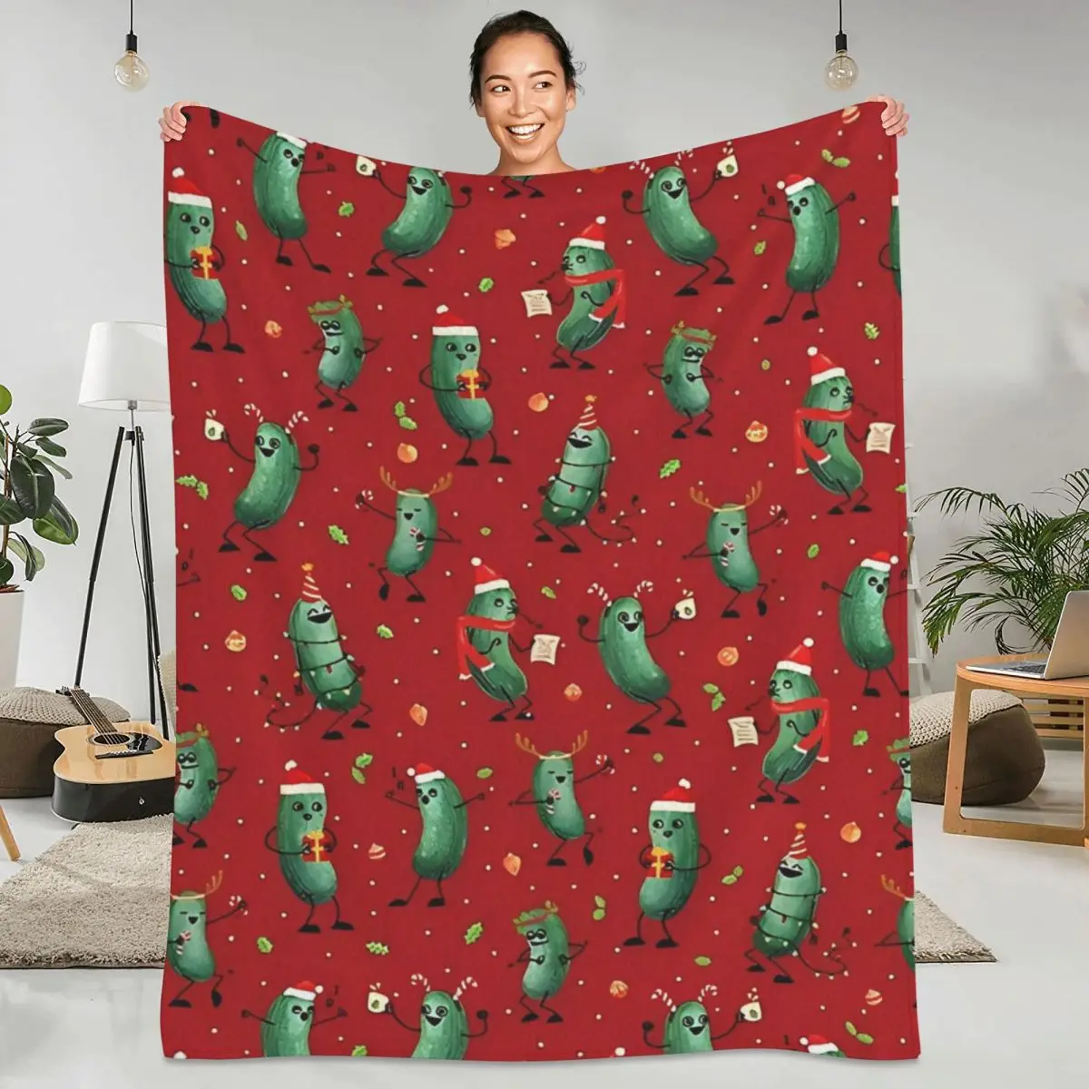 Christmas Pickle Pattern Red Blanket Warm Soft Plush Throw Blanket For Couch Chair Travel Office Flannel Bedspread Bed Cover