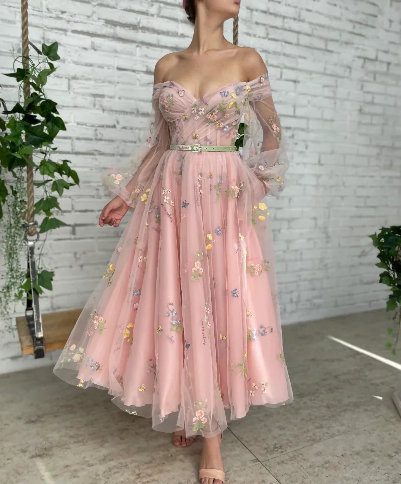 15250# Pastrol Puffy Sleeves Flowers Appliques A-line Wedding Gown Birthday Party Dress Customized Women Prom Evening Dresses