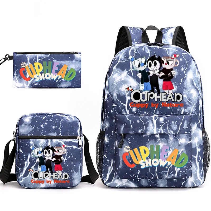 Cuphead Show Game Print Sacs d'école pour étudiants, sac à dos pour ordinateur portable, sac à bandoulière incliné, étui à crayons, classique, populaire, ensemble de 3 pièces