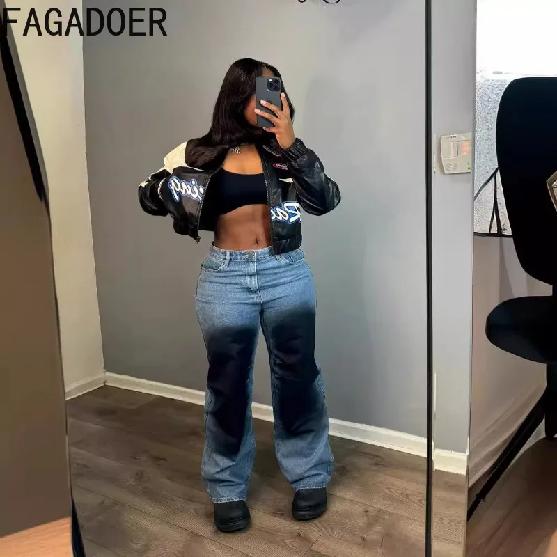 FAGADOER Retro Fashion Gradient Denim Pants Woman Summer High Waist Loose Straight Tube Jeans Female Streetwear Bottoms 2025 New