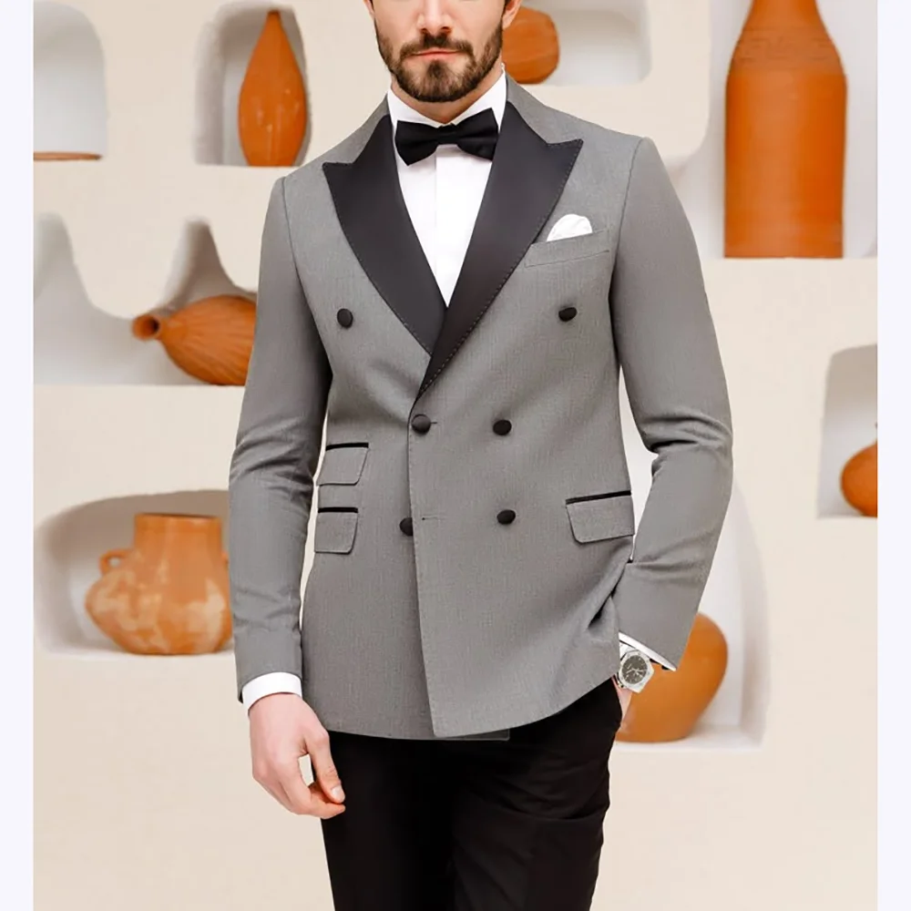 

Luxury Man Suit Double Breasted Peak Lapel High Quality Suits For Wedding Slim Fit Men Set 2 Piece Party Prom Elegant Formal