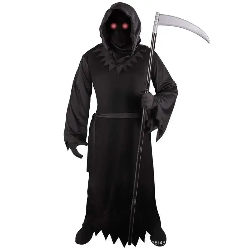 Disfraz de Grim Reaper para niños y niñas, con sombrero, máscaras, ojos luminosos, gancho de la muerte, hoz, fiesta, Terror, disfraz de Halloween