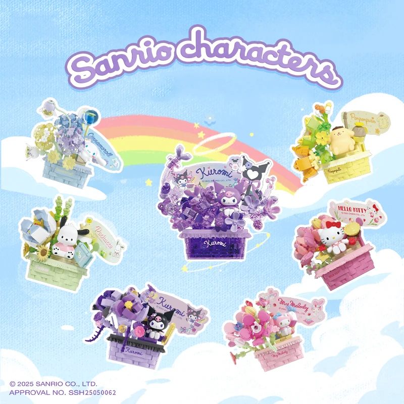 

Sanrio Flower Basket Potted Building Blocks Hello Kitty Kuromi Bonsai Model Bricks Desktop Ornaments Surprise Blind Box Gifts