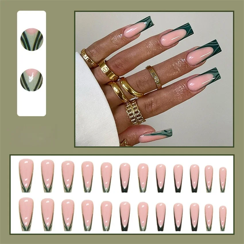 

24Pcs/Set Long Ballet Stick Acrylic Wearing False Nails Fresh Natural Green Stripe French Fake Nail Tips Removable Press on Nail