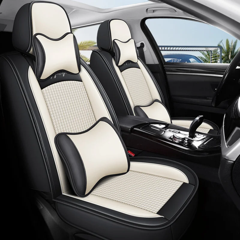 

Front Row Double Seat, Luxurious Ice Silk Full-Cover Car Seat Cover, Universal Fit, Delicate Texture Fabric, Not Easy to Wrinkle, Comfortable, Breathable, and Wear-Resistant, Suitable for All Seasons, Ergonomic Design, Three-Dimensional Side Support, Pair