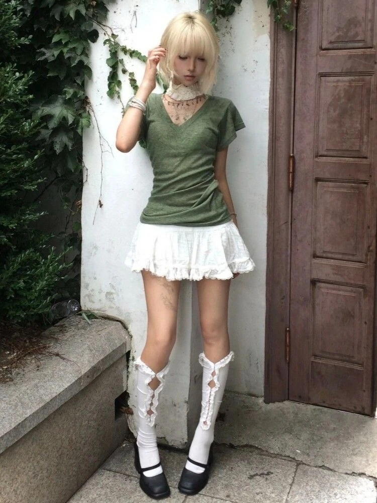 2026 Summer Y2k Aesthetics Solid Casual Tshirts Harajuku Moss Green Slim Fit Grunge T-shirt Streetwear Vintage Short Sleeve Tops