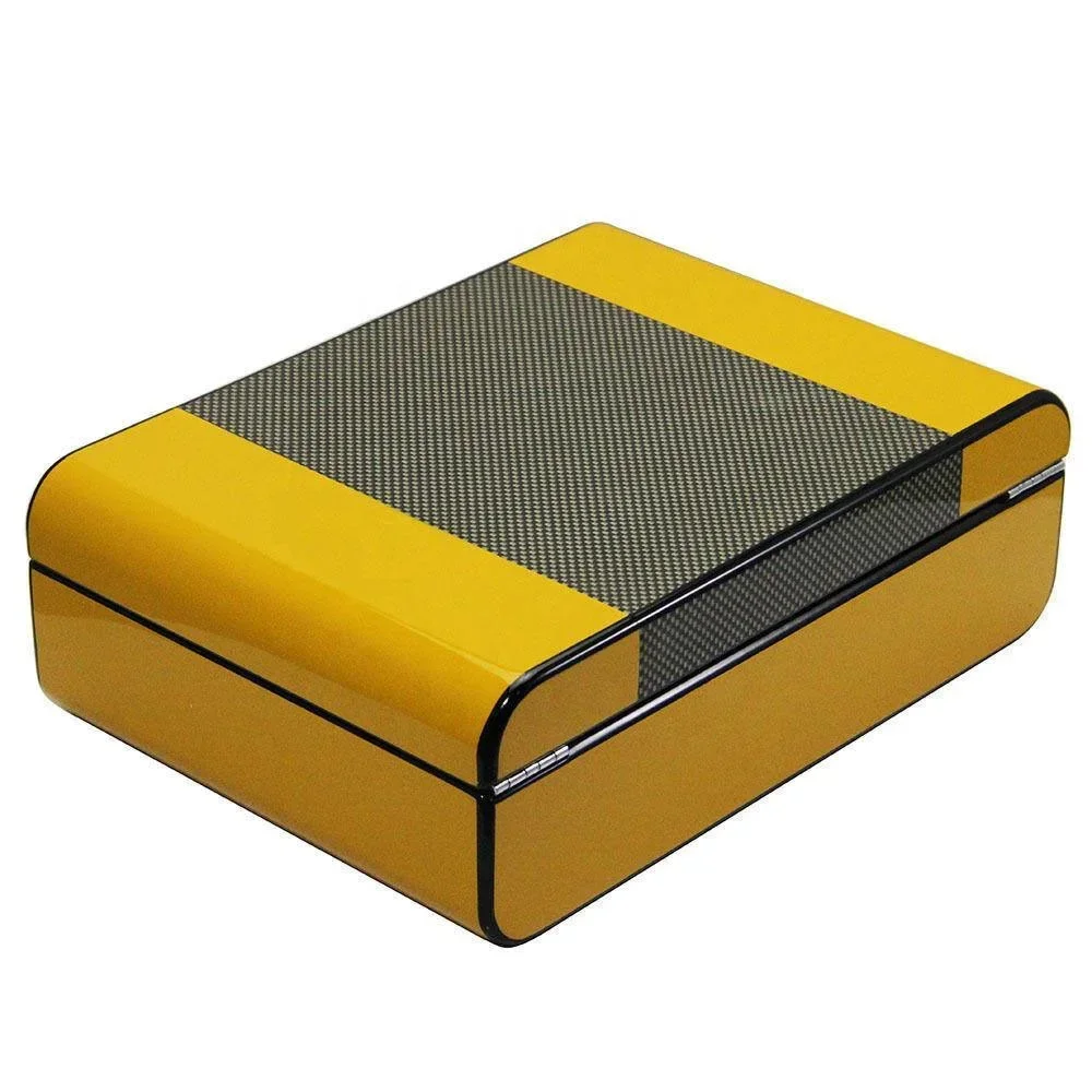 Imagem -03 - Caixa Artesanal do Charuto da Fibra do Carbono Humidor do Cedro com Higrômetro Dianteiro Apropriado para o Humidor do Charuto de Aproximadamente 30 Cts Amarelo