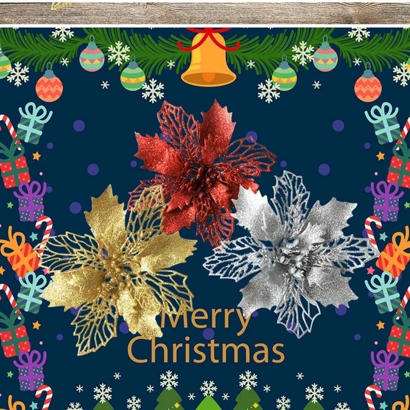 G92C 9cm Glitter Poinsettia Poinsettia Flower Decoraciones árboles Navidad para adornos coronas Navidad Fiesta