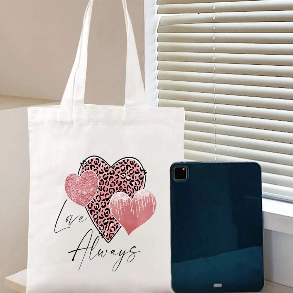 Fashion Love Heart Print Ladies Canvas Tote Casual Shoulder Bag Eco Large Capacity Portable Travel Shopping Bag Purses Handbags