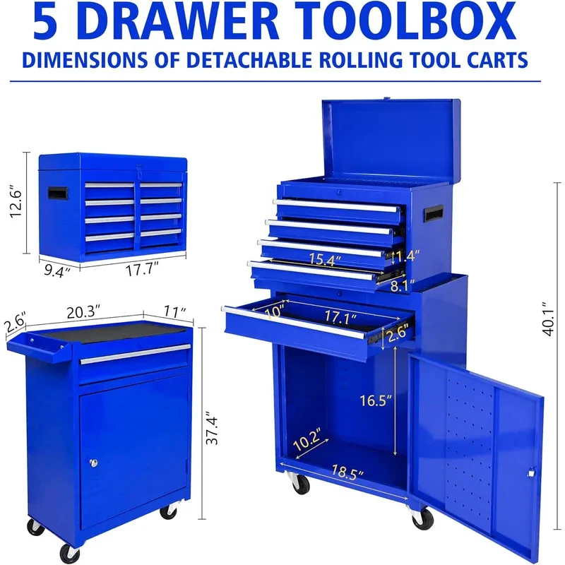 5段引き出し付きローラー式ツールボックス、ポータブルツールボックス、大容量ツールボックス、ガレージ、作業場、家庭用