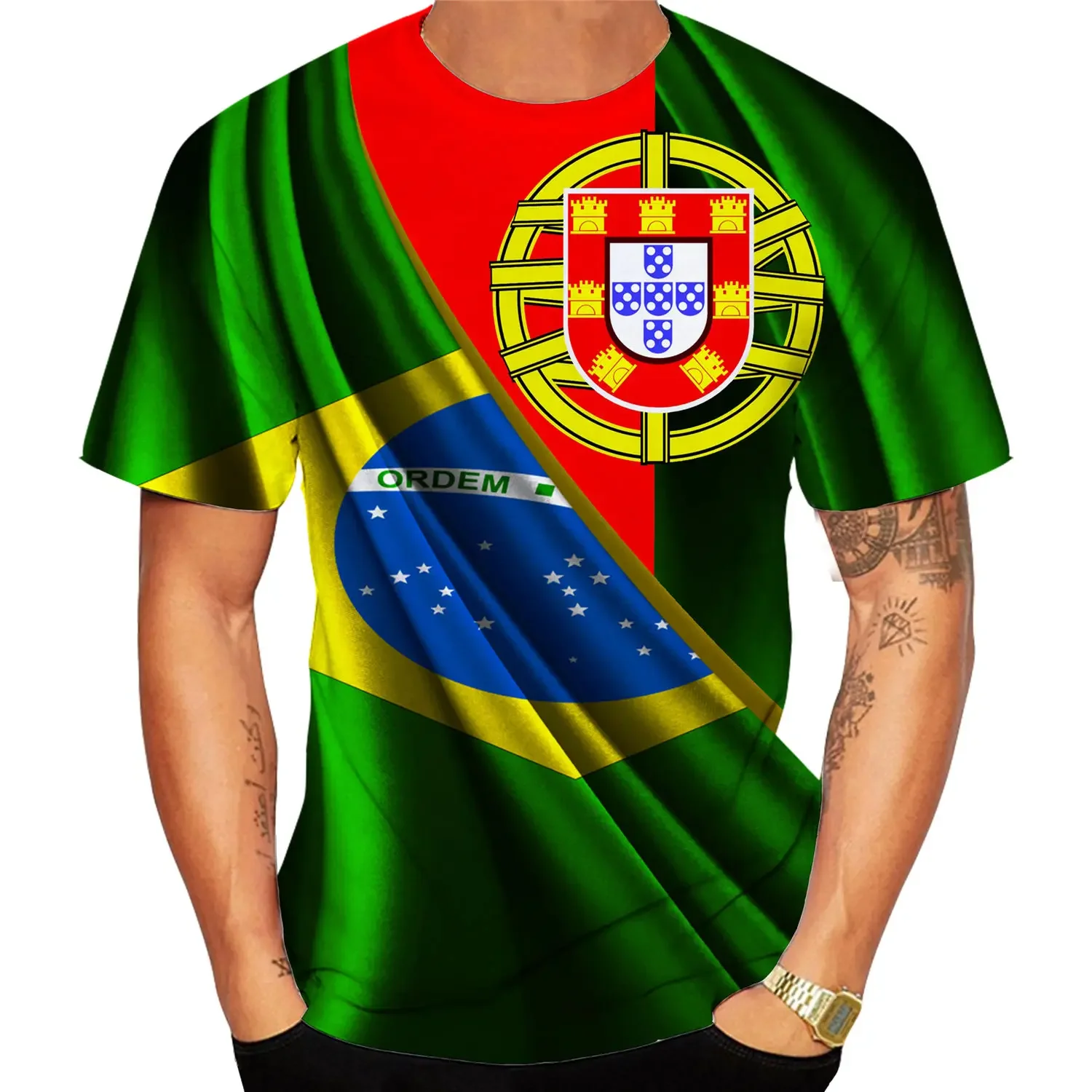 

2023 New Fashion Portugal and Brazil Flag 3d T Shirt Men/Women Casual Round Neck Short Sleeve Sports T-shirt