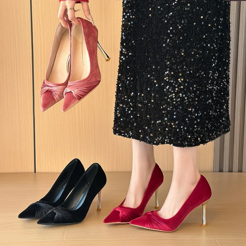 

Size 30-44 Women's High Heels Velvet Stiletto Heels 2026 Pointed Toe Thin Heel Pumps Plus Size Shoes for Wedding Party Prom