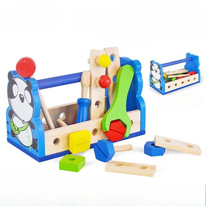 Engraçado caixa de ferramentas de reparo de panda de madeira crianças carpinteiro construção segura chave de martelo de madeira adereços conjunto menino fingir jogar brinquedo de jogo