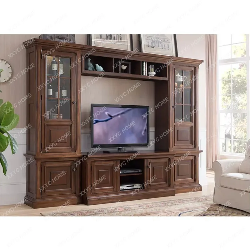 XXretro solid wood TV cabinet full wall living room high floor background wall storage bookcase
