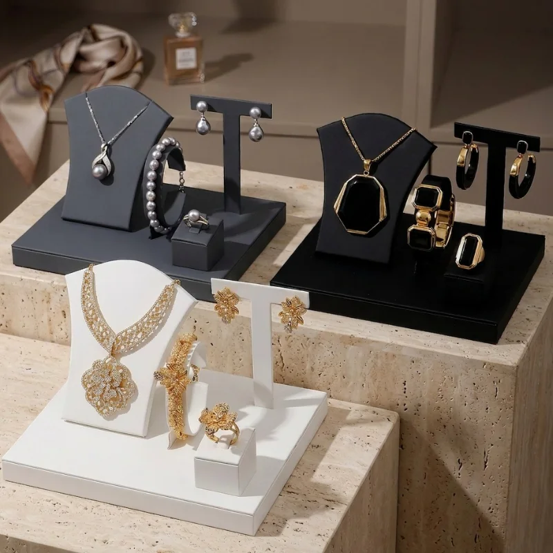 Leather Jewelry Display Stand Set Counter Necklace Display Rack Desktop Ring Storage Holder Jeweler Bracelet Organizer Shelf