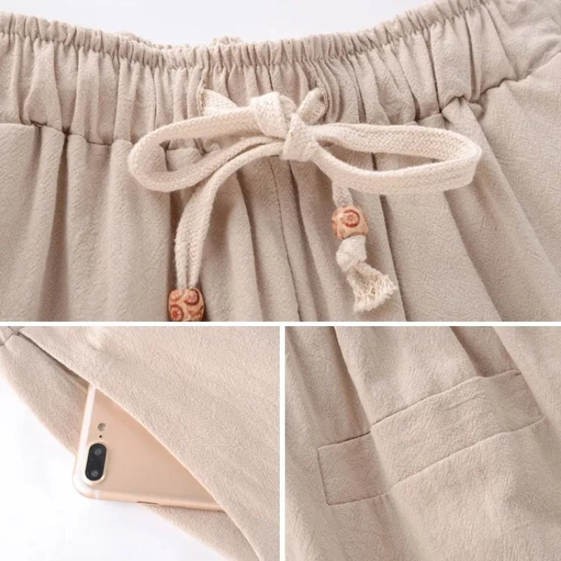 Heren katoen linnen wijde pijpen zomermode casual broek buiten dagelijks strand losse cropped broek Koreaanse ademende wijde pijpen broek