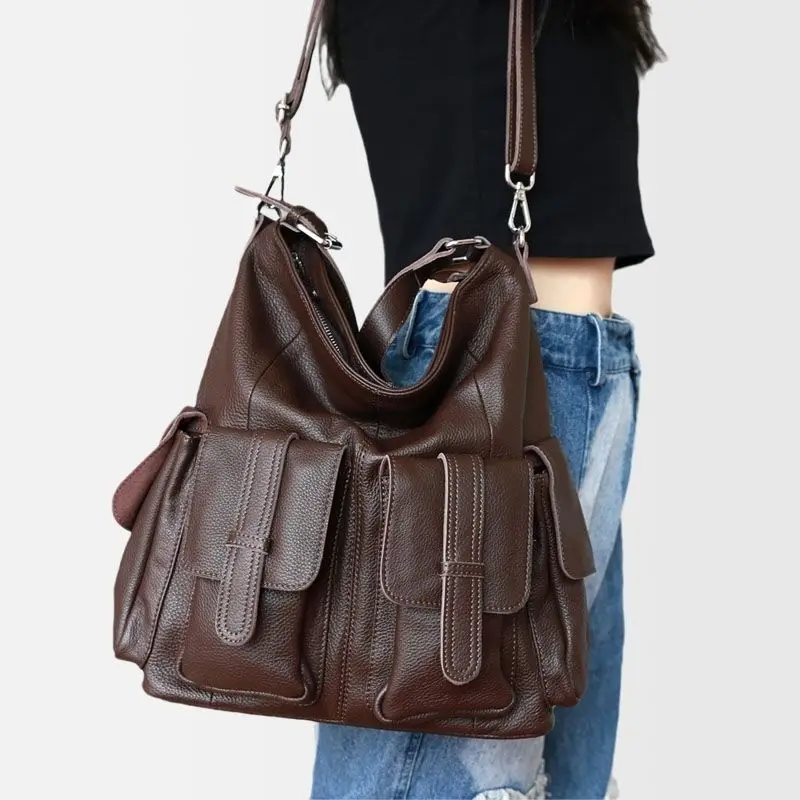 

European And American Fashion Top Layer Cowhide Single Shoulder Womens Bag With Large Capacity And Multi Opening Design Tote Bag