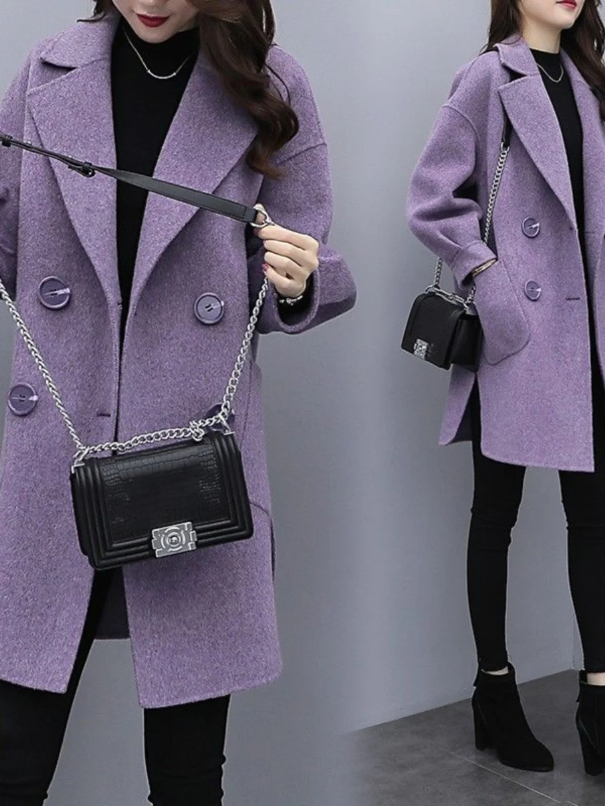 معطف صوفي بنفسجي نسائي خريف وربيع 2024 نسخة كورية جديدة متوسط الطول بأكمام فانوس