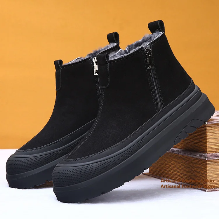 Men Black Suede Snow Boots Side Zipper Slip-On Ankle Boots Plush Fleece Lined Thick Sole Warm Boots Trendy Winter Men's Boots