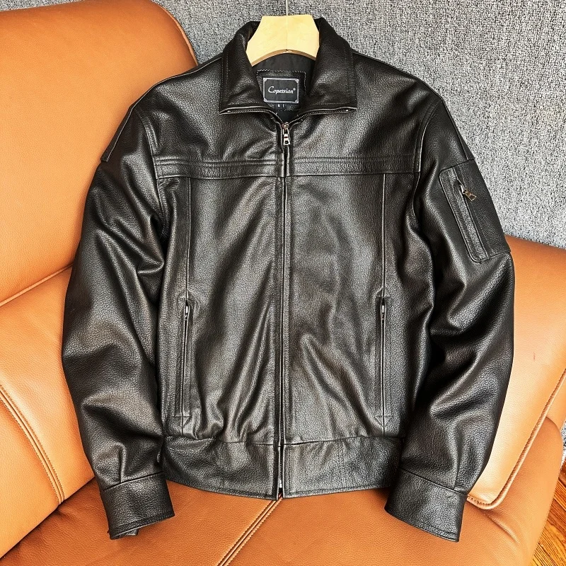 

Новая мужская куртка-бомбер из натуральной воловьей кожи 02 Sle, приталенная, с узором под оленью кожу, повседневная верхняя одежда на молнии