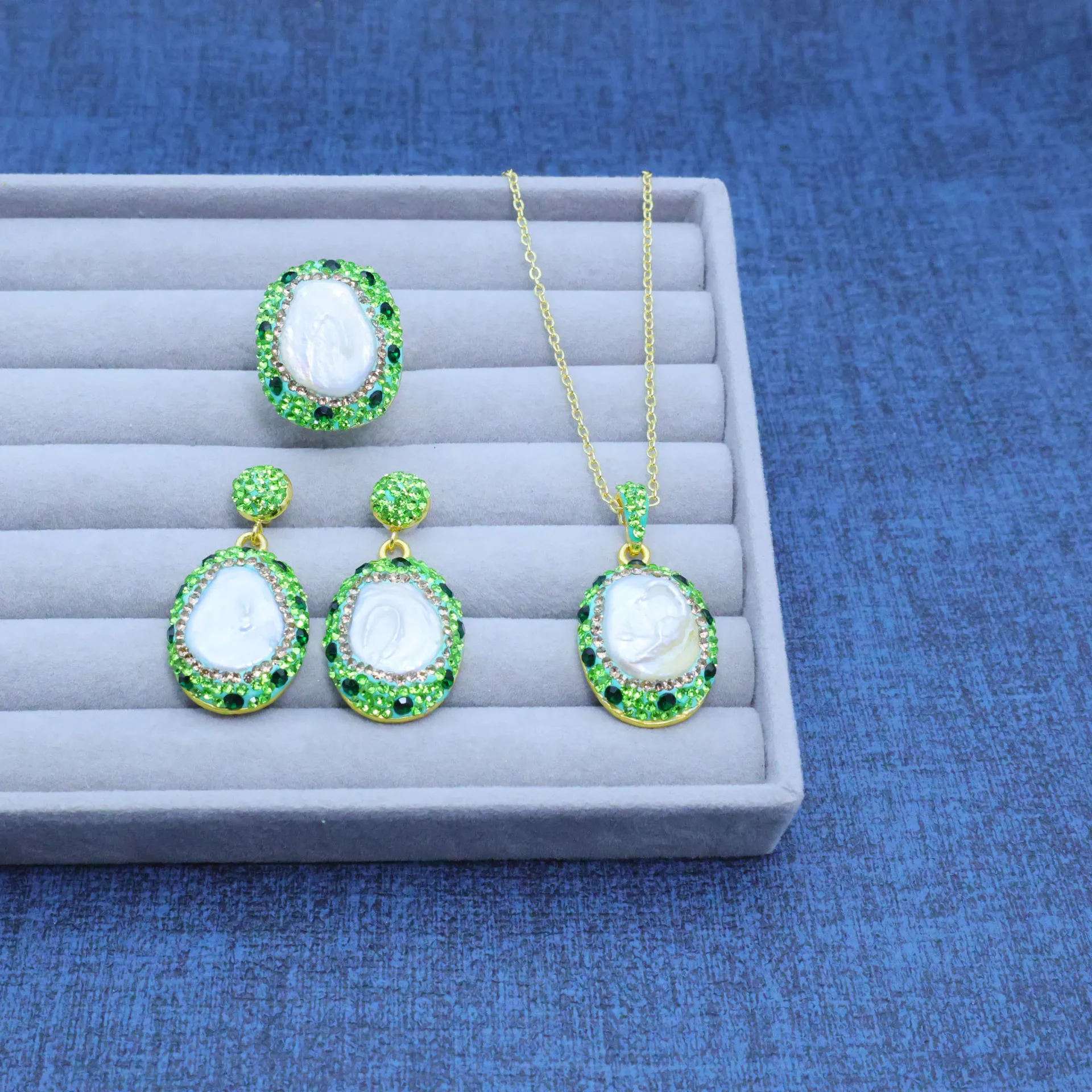 DIY accessories New cross-border European and American natural baroque pearl necklace earrings ring three-piece set popular ligh