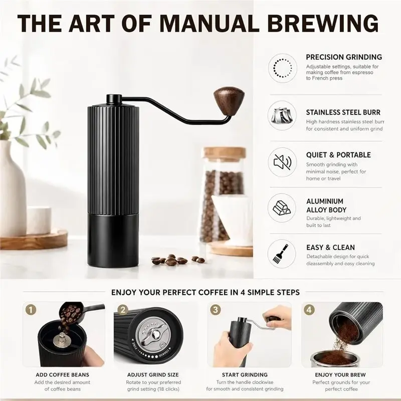 BAAG-Manual Coffee Grinder, Coffee Bean Hand Grinder With 7-Core Stainless Steel Conical Burr, Portable Hand Coffee Grinder