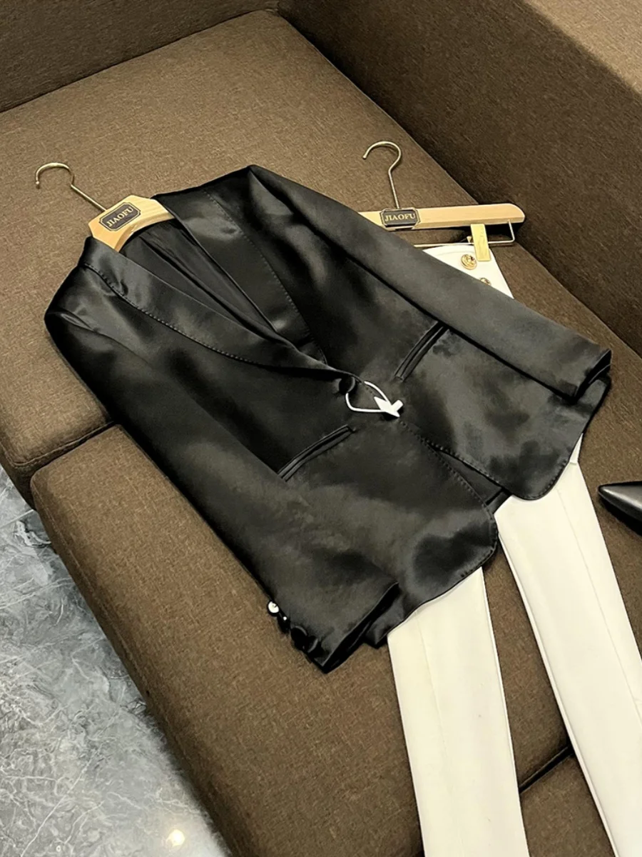 

Новое атласное длинное женское пальто для отдыха, повседневное, облегающее, удобное, с двойной пуговицей, однотонное, JF-220