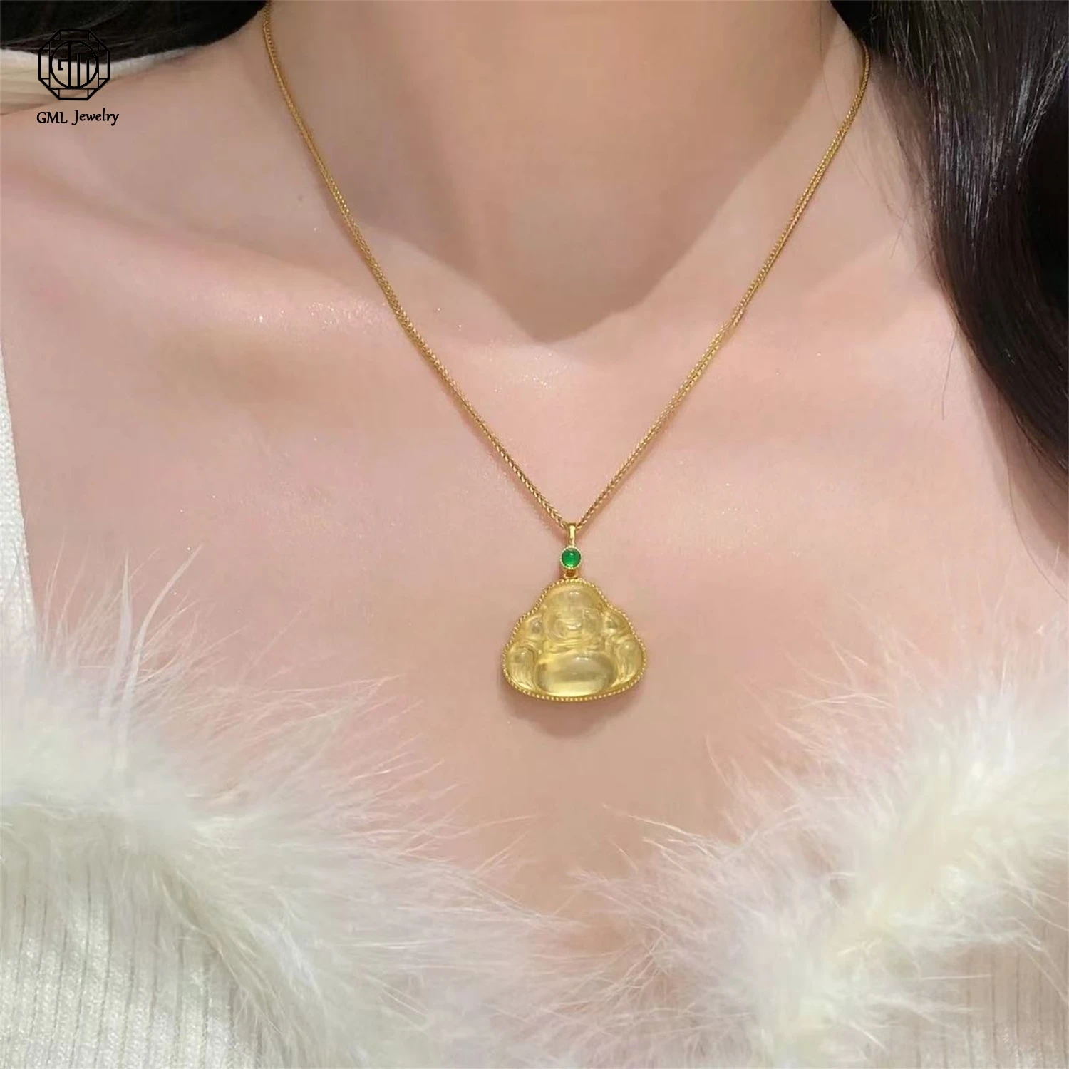 925 Sterling Silver Natural Jadeite Jade Large Belly Buddha Pendant High Ice Choker Necklace Light Luxury Banquet Jewelry Gift